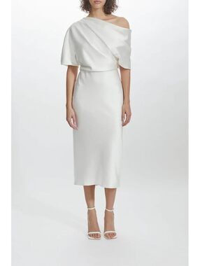 Saks Fifth Avenue x Amsale - Ivory Off Shoulder Satin Midi Dress, Size 4